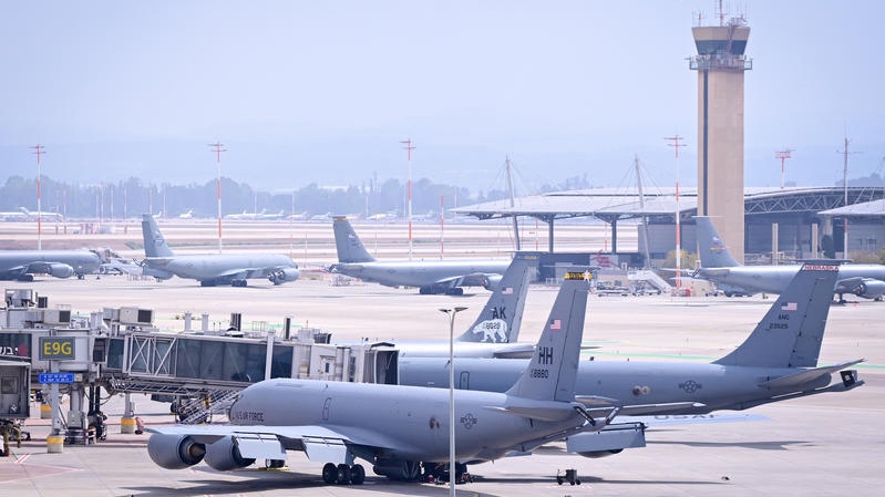 Numerous US military airplanes seen at Israel's Ben Gurion Airport last month. Photo by Avshalom Sassoni/FLASH90