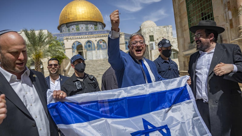 Minister of National Security Itamar Ben Gvir waves the Israeli flag as he tours the Temple Mount in Jerusalem's Old City during Jerusalem Day celebrations, May 14, 2026. Photo by Yonatan Sindel/Flash90
