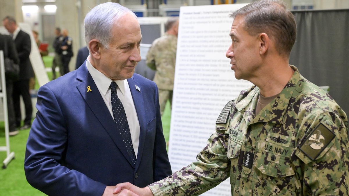 Prime Minister Benjamin Netanyahu meets with the head of US Central Command, Adm. Brad Cooper, at a US-run military facility in southern Israel. Photo by Ma'ayan Toaf/GPO