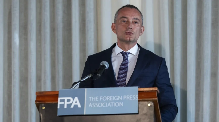 Nickolay Mladenov, the high representative for the International Board of Peace overseeing the ceasefire between Israel and Hamas, speaks during a press conference for the foreign media in Jerusalem, May 13, 2026. Photo by Yonatan Sindel/Flash90.