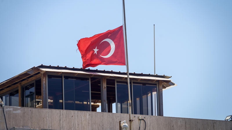 The Turkish embassy in Tel Aviv lowered its flag to half-mast on August 2, 2024 to mourn the slaying of Hamas leader Ismail Haniyeh by Israeli forces. Photo by Avshalom Sassoni/Flash90
