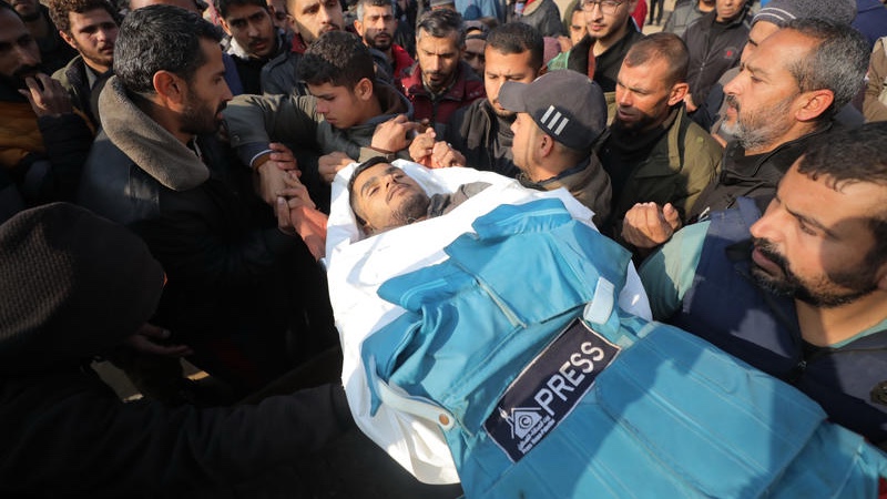ILLUSTRATION: Crowds mourn Saed Sabri Abu Nabhan, a Gaza photojournalist with documented ties to Hamas, after he was killed by Israeli forces, on January 11, 2025. Photo by Ali Hassan/Flash90