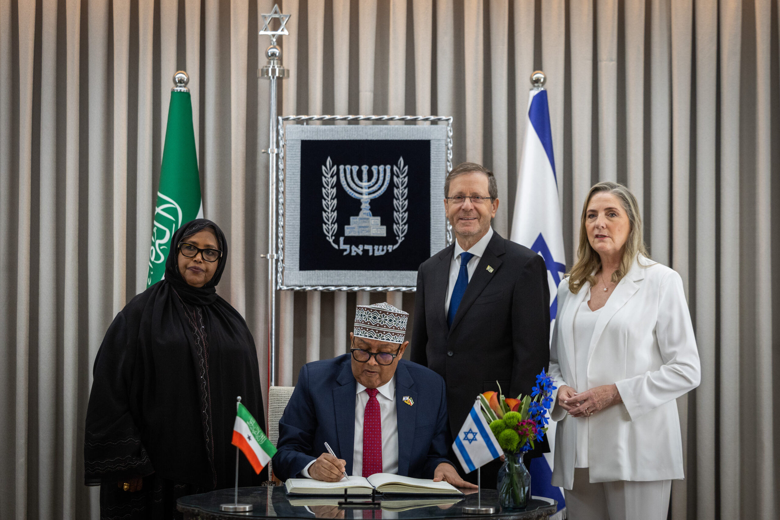 President of Israel Isaac Herzog with Somaliland's President Abdirahman Abdullahi Mohamed, during a ceremony at the President’s Residence in Jerusalem, June 14, 2026. Photo by Chaim Goldberg/Flash90
