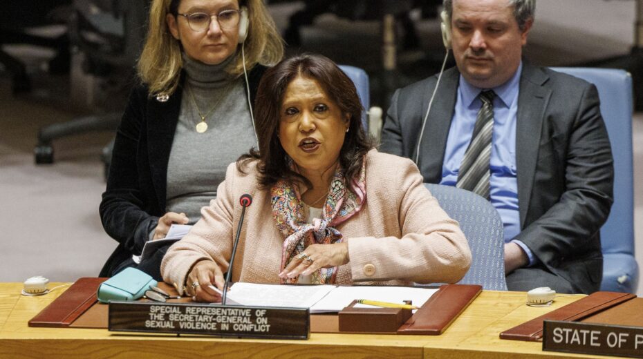 The United Nations Special Representative on Sexual Violence in Conflict, Pramila Patten (center), speaks during a Security Council meeting on the conflict in the Middle East at the United Nations Headquarters in New York, New York, USA, on March 11, 2024. EPA/SARAH YENESEL
