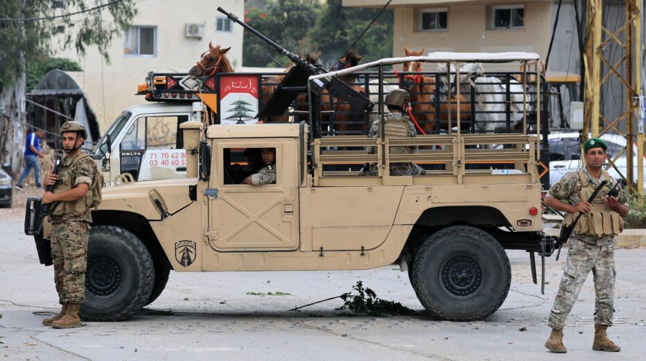 Lebanese army soldiers secure the area at the entrance to the village of Zawtar al-Gharbiyah in southern Lebanon on June 23, 2026, following a ceasefire agreement between Israel and Hezbollah. EPA/WAEL HAMZEH