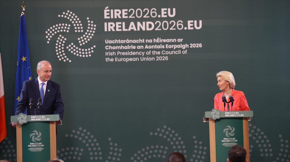 Irish Prime Minister Micheál Martin (left) and European Commission President Ursula von der Leyen at a press conference to mark the start of Ireland's EU Council Presidency in Cork, 3 July 2026. Ireland holds the Presidency of the Council of the European Union until the end of 2026. Photo: EPA/Damien Eagers.