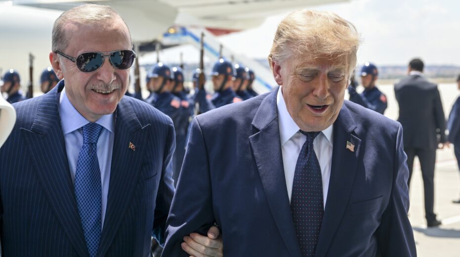 US President Donald Trump is greeted by Turkish President Recep Tayyip Erdoğan at Etimesgut Air Base in Ankara on July 7, 2026. Image credit: EPA/DOGUKAN KESKINKILIC / POOL