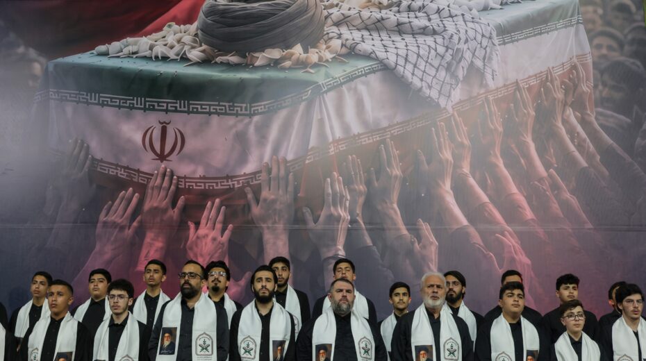 Quran reciters during a memorial service for the assassinated Iranian revolutionary leader Ali Khamenei in the southern suburbs of Beirut. Photo: EPA/Wael Hamzeh.