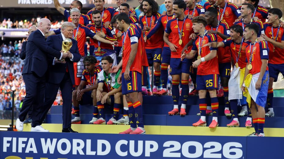FIFA President Gianni Infantino (left) and US President Donald Trump (second from left) present the trophy to Spain after their victory over Argentina in the FIFA World Cup 2026 final on July 19, 2026, in New Jersey, USA. EPA/CHRISTOPHER NEUNDORF