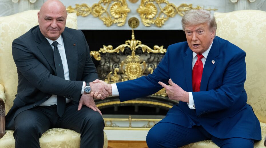 US President Donald J. Trump (right) greets Lebanese President Joseph Aoun (left) during their meeting in the Oval Office of the White House in Washington, DC, USA, on July 21, 2026. EPA/AARON SCHWARTZ / POOL