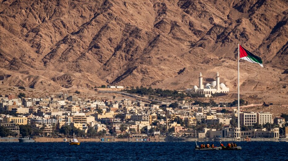 Aqaba, as seen from the southern Israeli city of Eilat on February 10, 2025. Photo: Chaim Goldberg/Flash90
