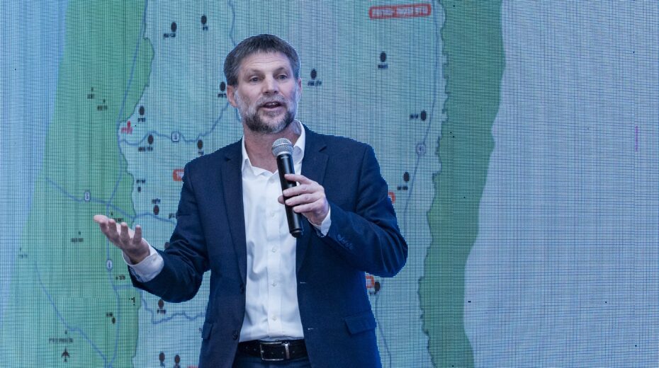 Finance Minister Bezalel Smotrich speaks at a conference with representatives of the regional councils of Judea and Samaria in Psagot, February 17, 2026. Smotrich is considered a driving force behind the expansion of Israeli communities in Judea and Samaria. Photo: Oren Ben Hakoon/Flash90