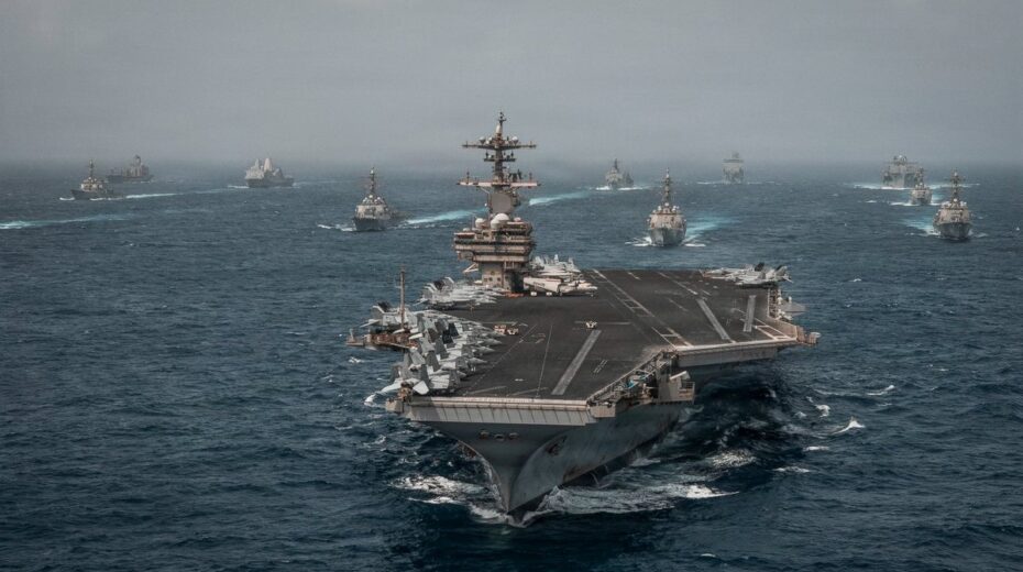 A US Navy aircraft carrier strike group operates during the ongoing military operation against Iranian targets in the Middle East. The United States continues its attacks on Iranian regime military installations along the Strait of Hormuz. Photo: US Central Command (CENTCOM).
