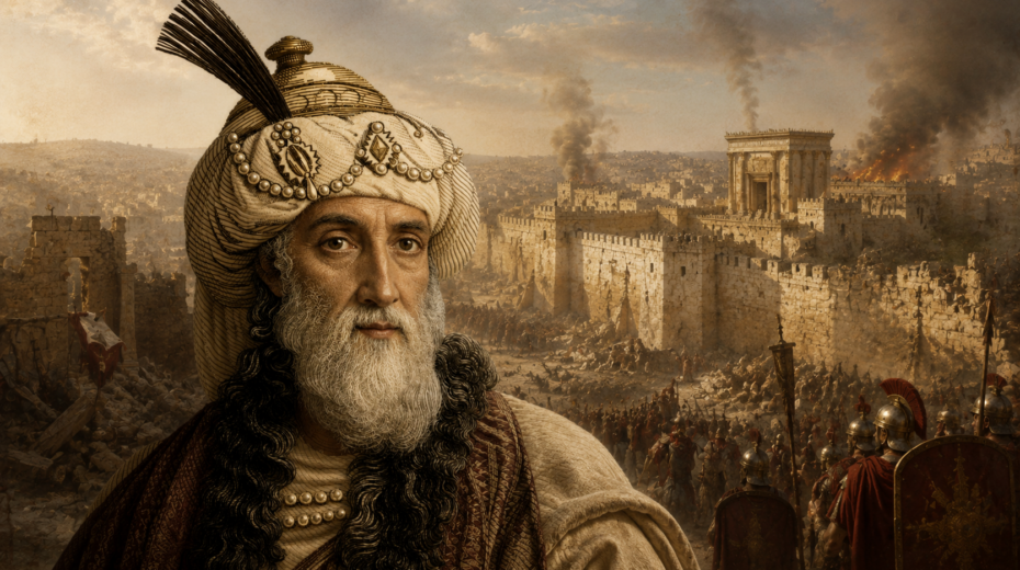 Artistic depiction of Flavius ​​Josephus, the most important chronicler of the Jewish War, against the backdrop of the destruction of Jerusalem in 70 AD. Symbolic image: AI-generated based on a historical engraving.