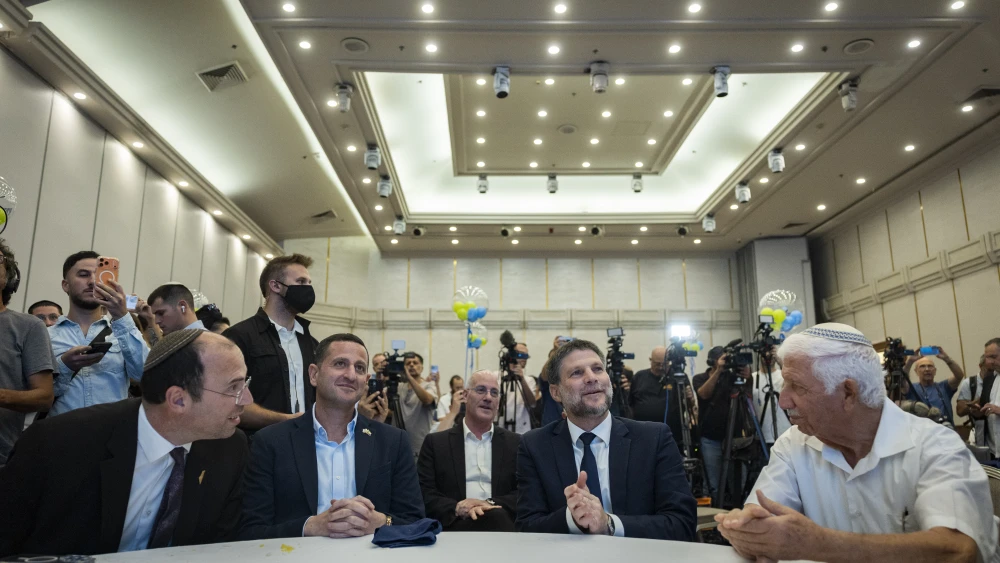Israeli Finance Minister and head of the Religious Zionism Party Bezalel Smotrich and party members attend the party’s primary ahead of the upcoming general elections, in Jerusalem, July 26, 2026. Photo by Yonatan Sindel/Flash90.