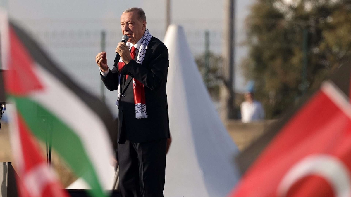 Turkish President Recep Tayyip Erdogan speaks during a pro-Palestinian rally at Ataturk Airport in Istanbul, Turkey, October 28, 2023. Photo: EPA-EFE/ERDEM SAHIN