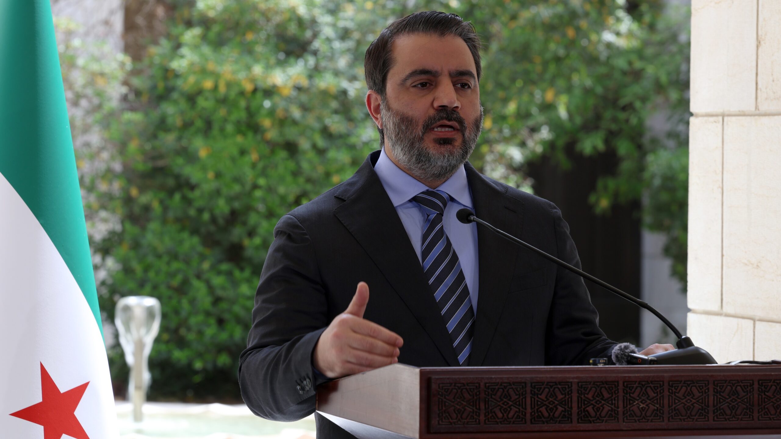 Syria's Foreign Minister Asaad Hassan al-Shaibani at a press conference in Damascus, May 20, 2025. Photo: Mohammed Al Rifai/EPA