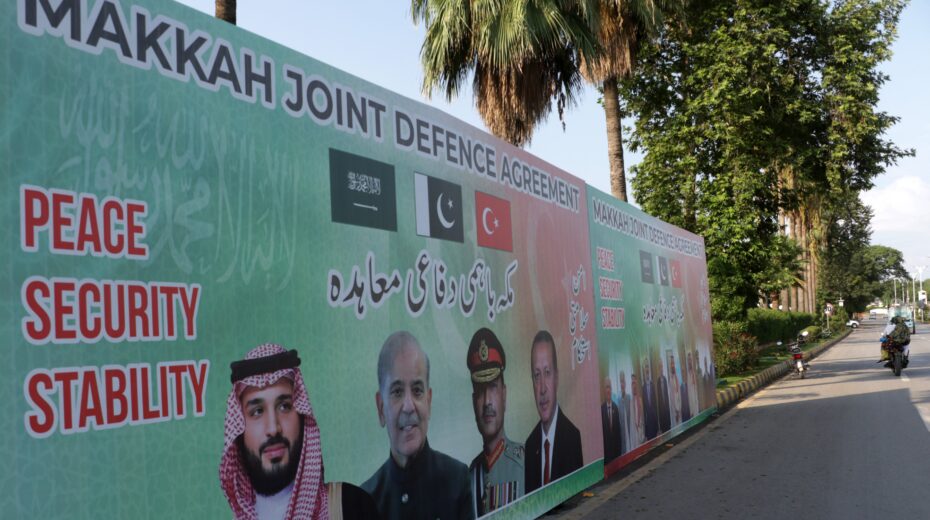 Posters in Islamabad show Saudi Crown Prince Mohammed bin Salman, Pakistani Prime Minister Shehbaz Sharif and Army Chief Asim Munir, and Turkish President Recep Tayyip Erdoğan after the signing of the new joint defense agreement, August 8, 2026. Photo: EPA/Sohail Shahzad