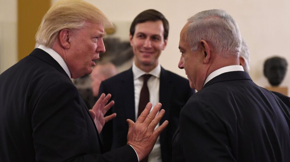 Israeli Prime Minister Benjamin Netanyahu and U.S. President Donald Trump talk as Jared Kushner looks on at the King David Hotel in Jerusalem on May 22, 2017. Credit: Kobi Gideon/GPO.