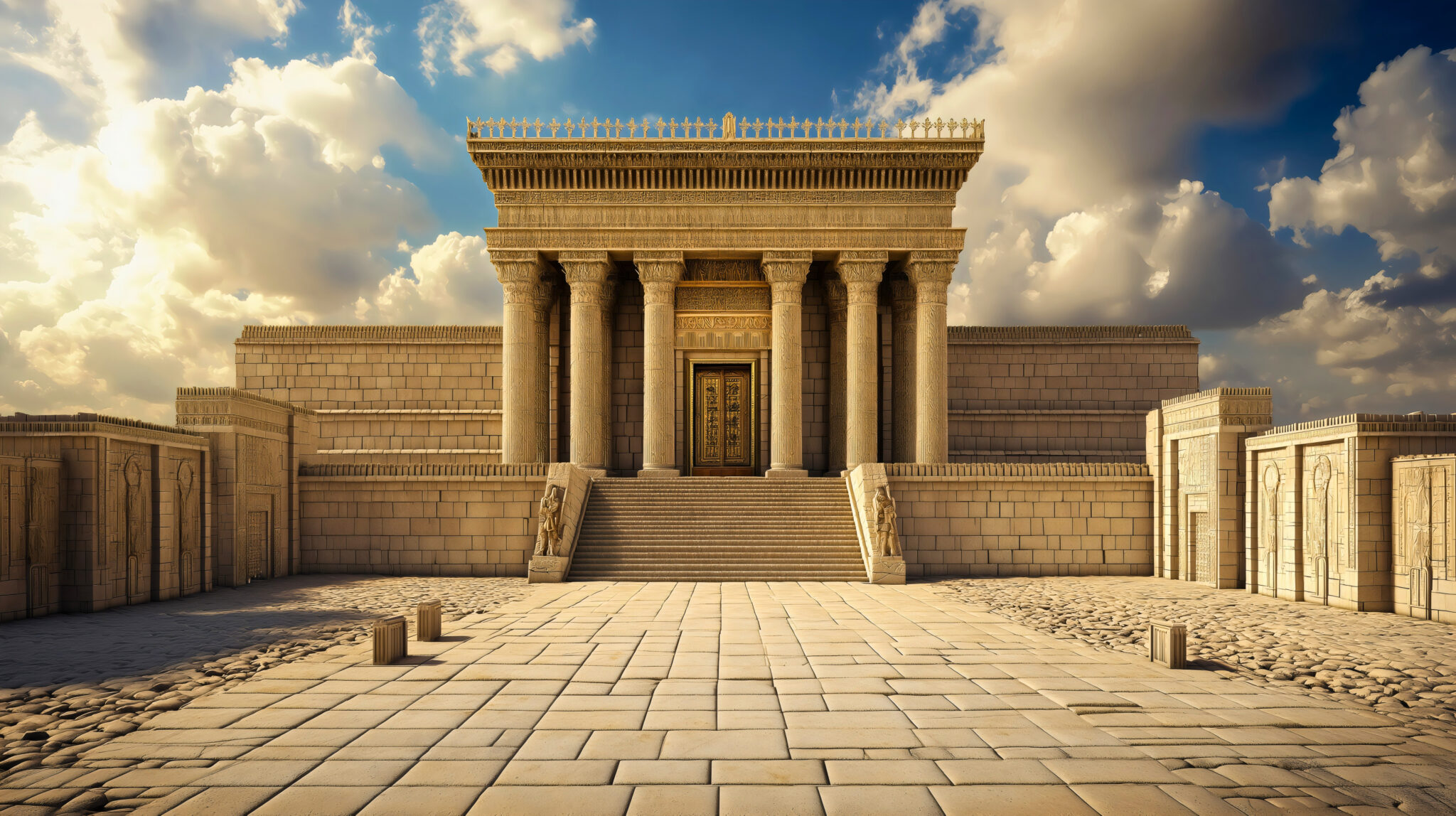 AI-generated rendering of the Temple in Jerusalem showing the entrance to the Temple building. Illustration: Adobe Stock