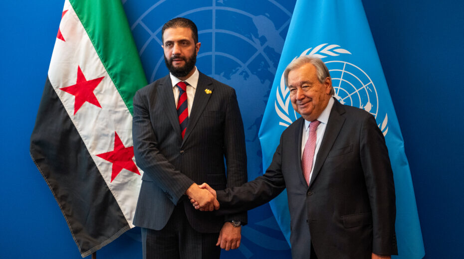 Two antisemites: Syrian President Ahmed al-Sharaa poses for a photo with UN Secretary-General António Guterres at the United Nations headquarters in New York City on September 24, 2025. Photo: Liri Agami/Flash90