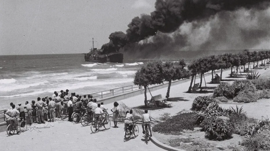 The Irgun ship Altalena burning off the Tel Aviv beach after being shelled by the IDF on June 22, 1948. Photo by Hans Pinn via Wikimedia.
