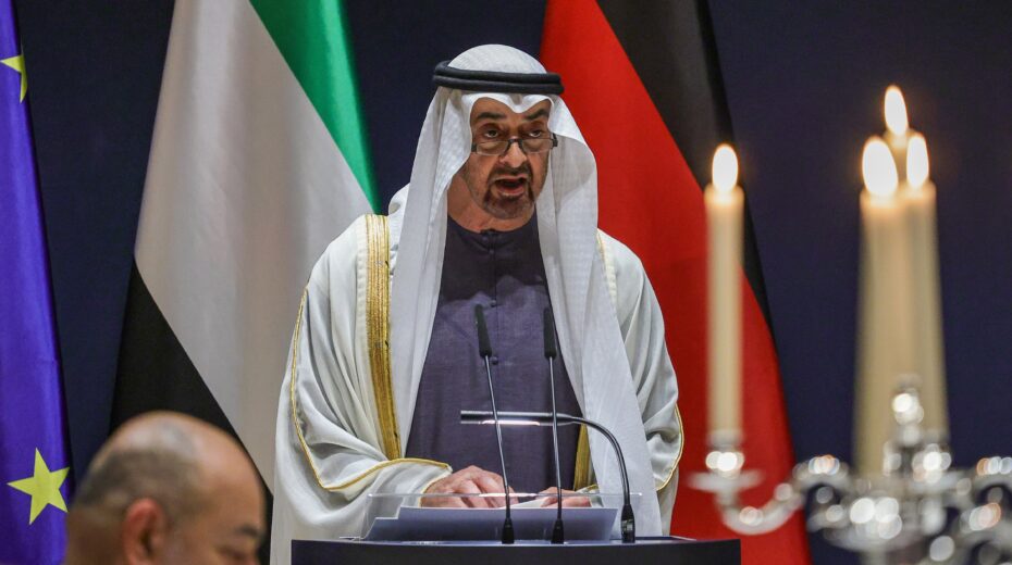 The President of the United Arab Emirates, Sheikh Mohammed bin Zayed Al Nahyan, delivers a speech at an official toast during a banquet at the Presidential Residence in Berlin on September 10, 2026. EPA/OMER MESSINGER / POOL