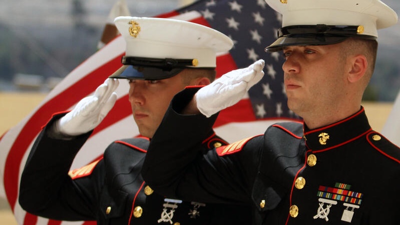US Marines attend a ceremony for the victims of the 9/11 attacks at a memorial in the Jerusalem Hills. Photo by Yoav Ari Dudkevitch / FLASH90