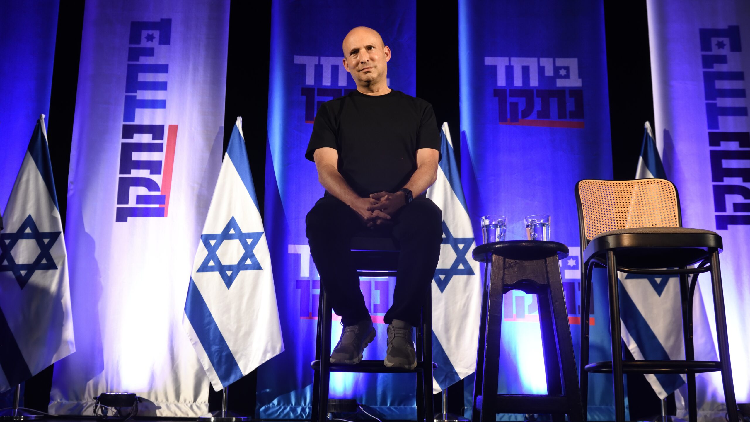 Former Israeli Prime Minister Naftali Bennett at a joint campaign event with Yair Lapid in Ramat Hasharon, August 20, 2026. Photo: Gili Yaari/Flash90