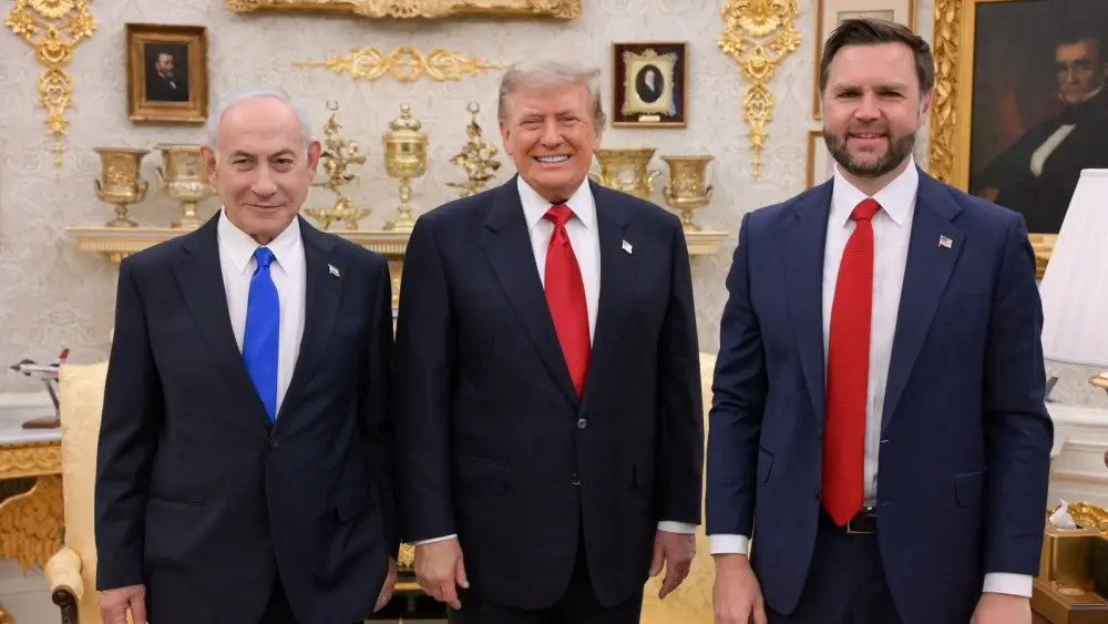 Israeli Prime Minister Benjamin Netanyahu, U.S. President Donald Trump and Vice President JD Vance pose at the White House in Washington on July 28, 2026. Photo by Maayan Toaf/GPO.