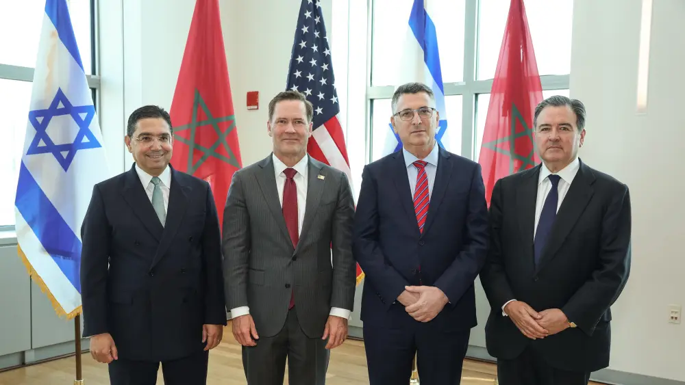 From left, Moroccan Foreign Minister Nasser Bourita, U.S. Ambassador to the United Nations Mike Waltz, Israeli Foreign Minister Gideon Sa’ar and an unidentified man at a trilateral diplomatic summit in New York on Sept. 16, 2026. Photo by Yuval Golan/Israel Ministry of Foreign Affairs.