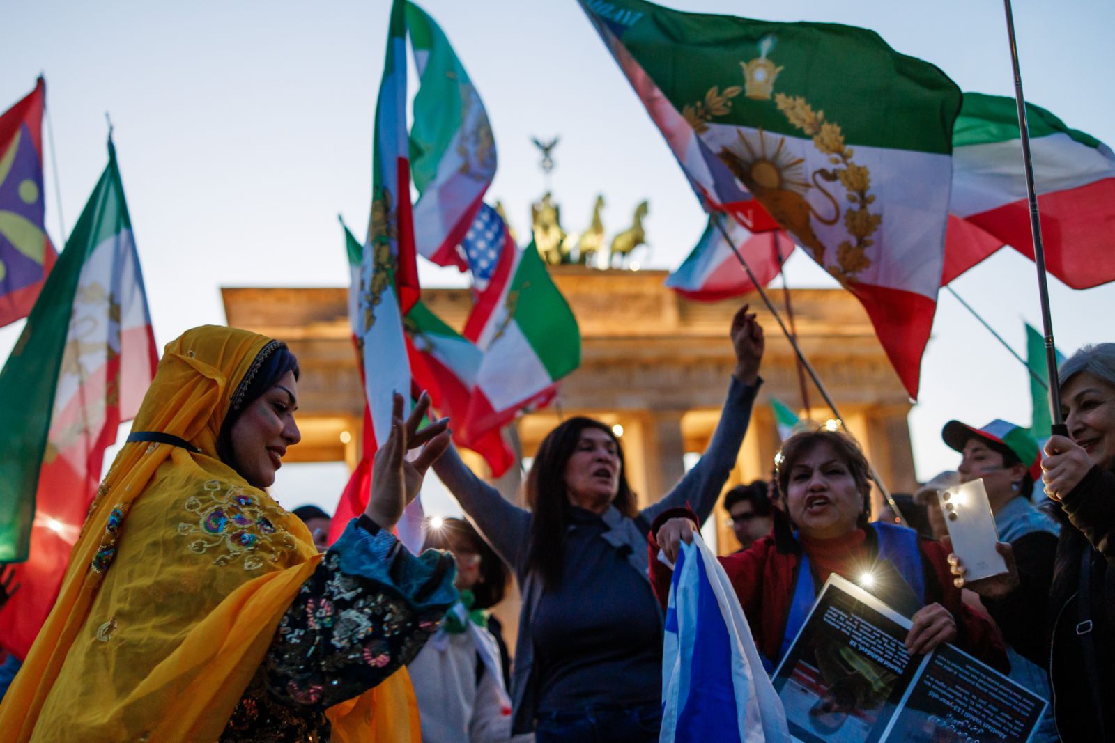 Rally of Iranian state refugees in front of the Brandenburg Gate under the motto "Freedom for Iran. Protest against misinformation by ARD and ZDF", February 28, 2026. CREDIT: EPA/CLEMENS BILAN