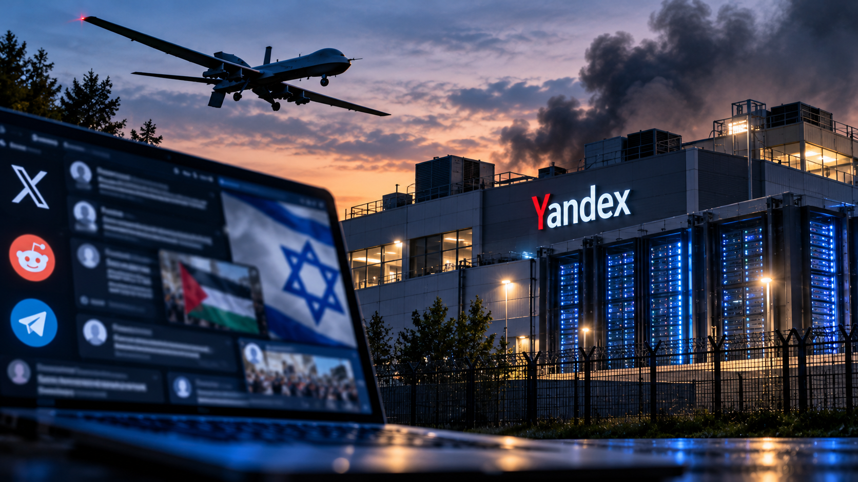 Ukrainian drone attacks on Russian data centers raise questions about the influence of foreign bot networks on anti-Israel campaigns on social media. AI-generated illustration.