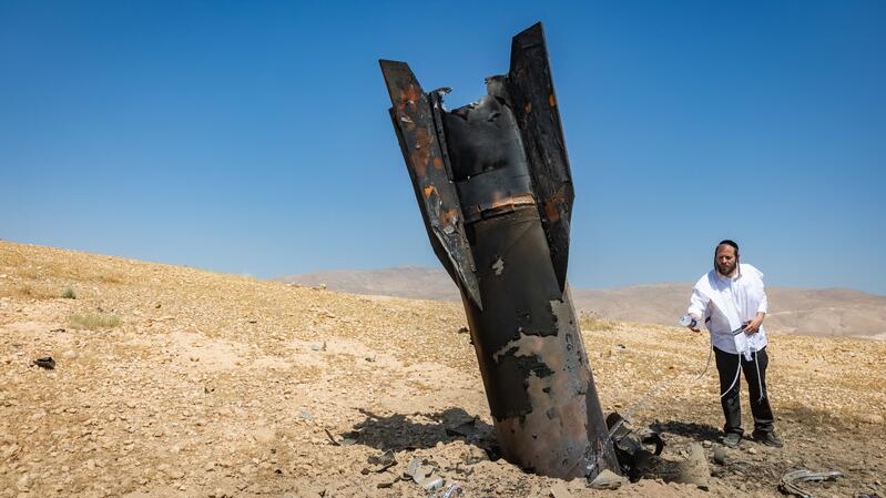 Part of an Iranian ballistic missile is seen in the desert near Vered Yeriho to the east of Jerusalem after being fired toward Israel from Iran, June 8, 2026. Photo by Chaim Goldberg/Flash90
