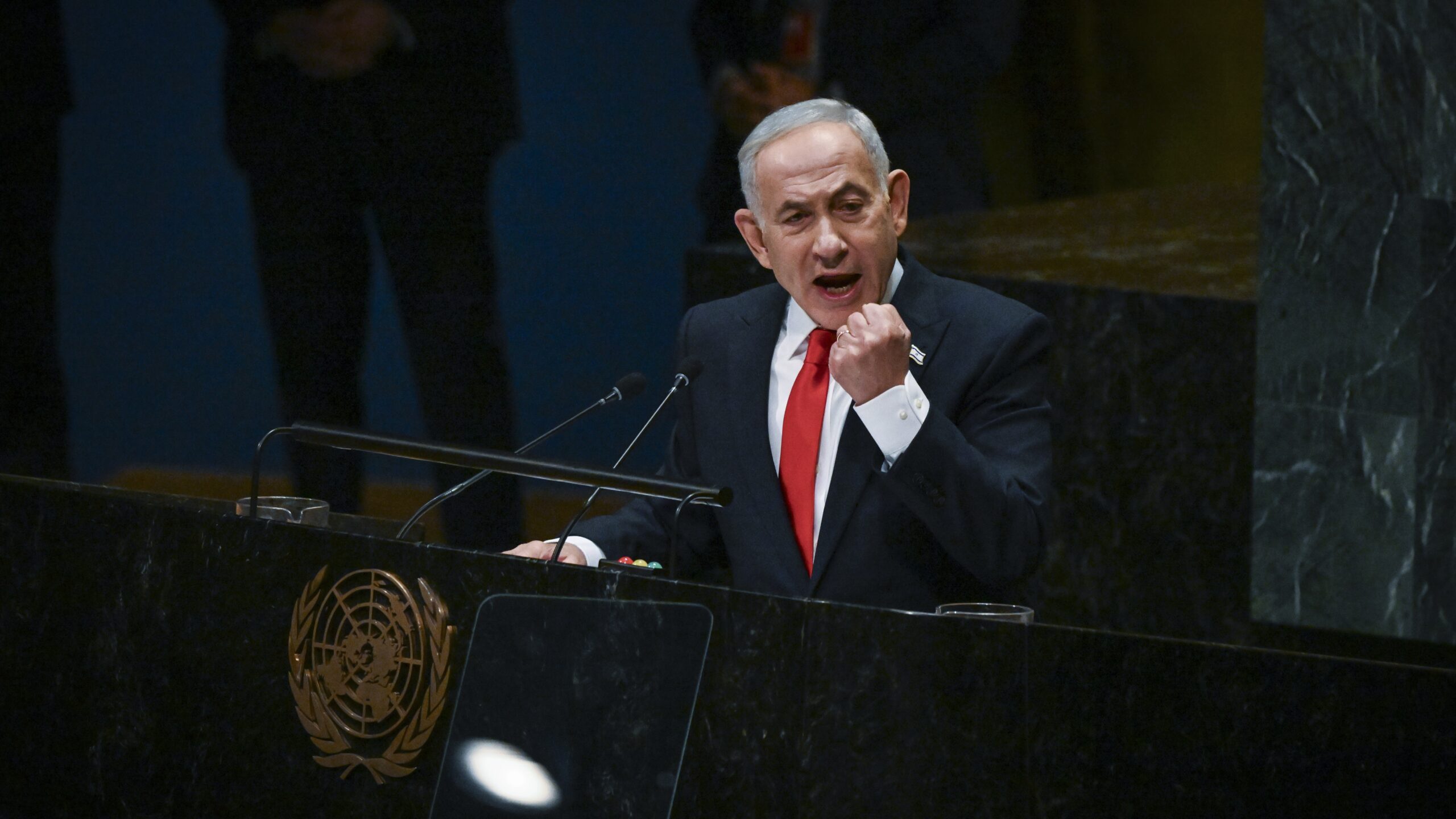 Prime Minister Benjamin Netanyahu during his speech before the UN General Assembly in New York, September 24, 2026. Photo: Arie Leib Abrams/Flash90