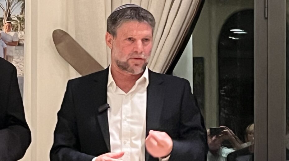 Israeli Finance Minister Bezalel Smotrich of the Religious Zionist Party speaks at a parlor meeting in Jerusalem a week before Israel’s elections, Oct. 20, 2026. Photo by Josh Hasten.