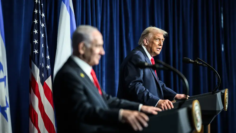 US President Donald Trump and Israeli Prime Minister Benjamin Netanyahu hold a press conference at the Mar-a-Lago Club in Palm Beach, Fla., on Dec. 29, 2025. Photo by Daniel Torok/White House.