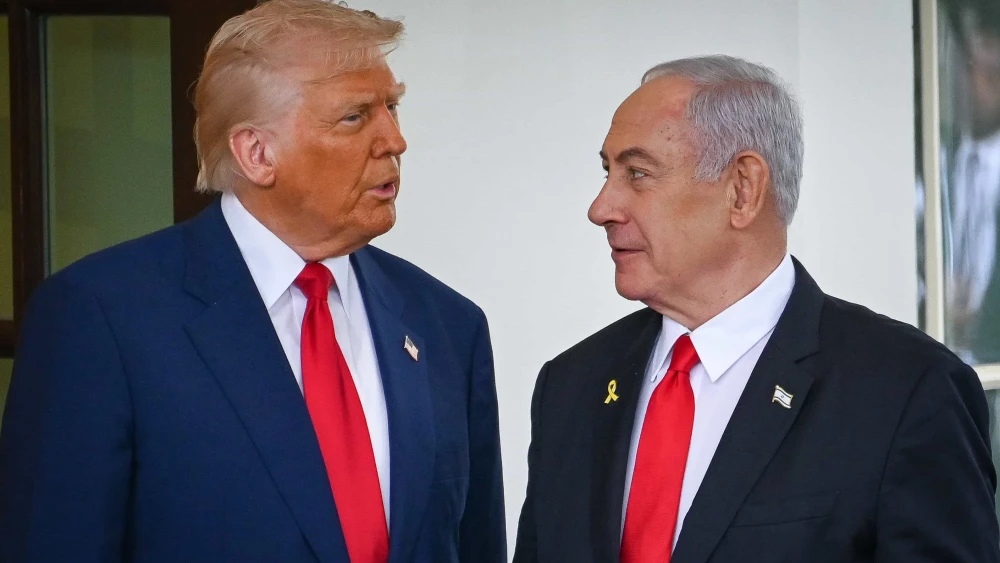 US President Donald Trump welcomes Israeli Prime Minister Benjamin Netanyahu to the White House in Washington DC, April 7, 2025. Photo by Liri Agami/Flash90.